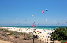 Beautiful white beach with kitesurfers and sunbathers