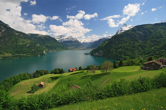 luzern blick ueber den vierwaldstaettersees felder  und bauernhoefe