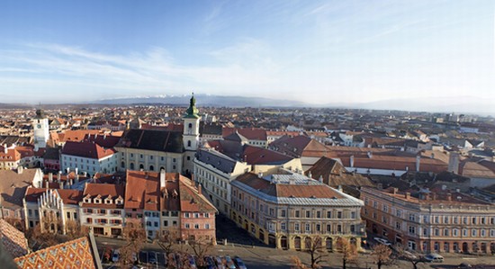 Panorama view of Sibiu with Carpathian Mountains in the back