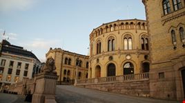 oslo dramatic shot at dusk of the norwegian parliament building