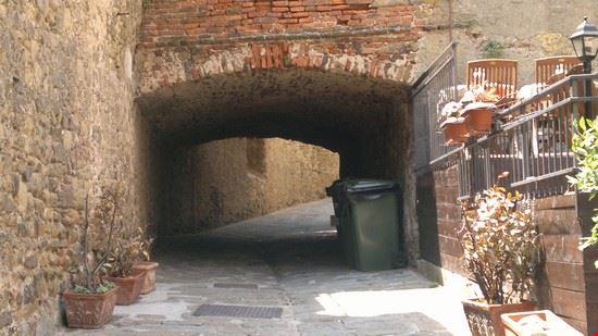 Borgo medievale In Toscana c'è tanta cura per i centri storici, forse questi bidoni sarebbe opportuno collocarli altrove per non guastare il delizioso archetto  
