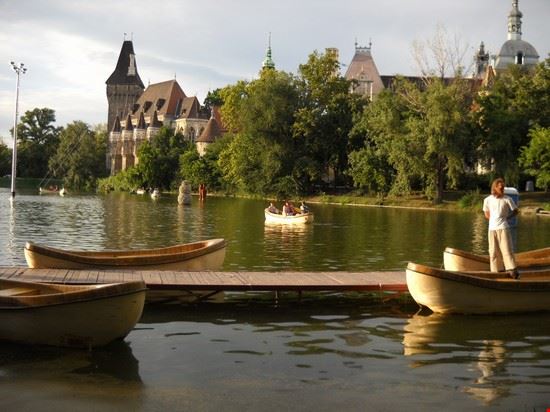 Castello Vajdahunyad Ancora il bellissimo lago del Parco della Città di Budapest, vista sul Castello.  